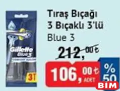 GİLLETTE BLUE 3 TIRAŞ BIÇAĞI 3 BIÇAKLI 3'LÜ fiyat ve kampanya bilgisi